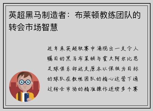 英超黑马制造者：布莱顿教练团队的转会市场智慧